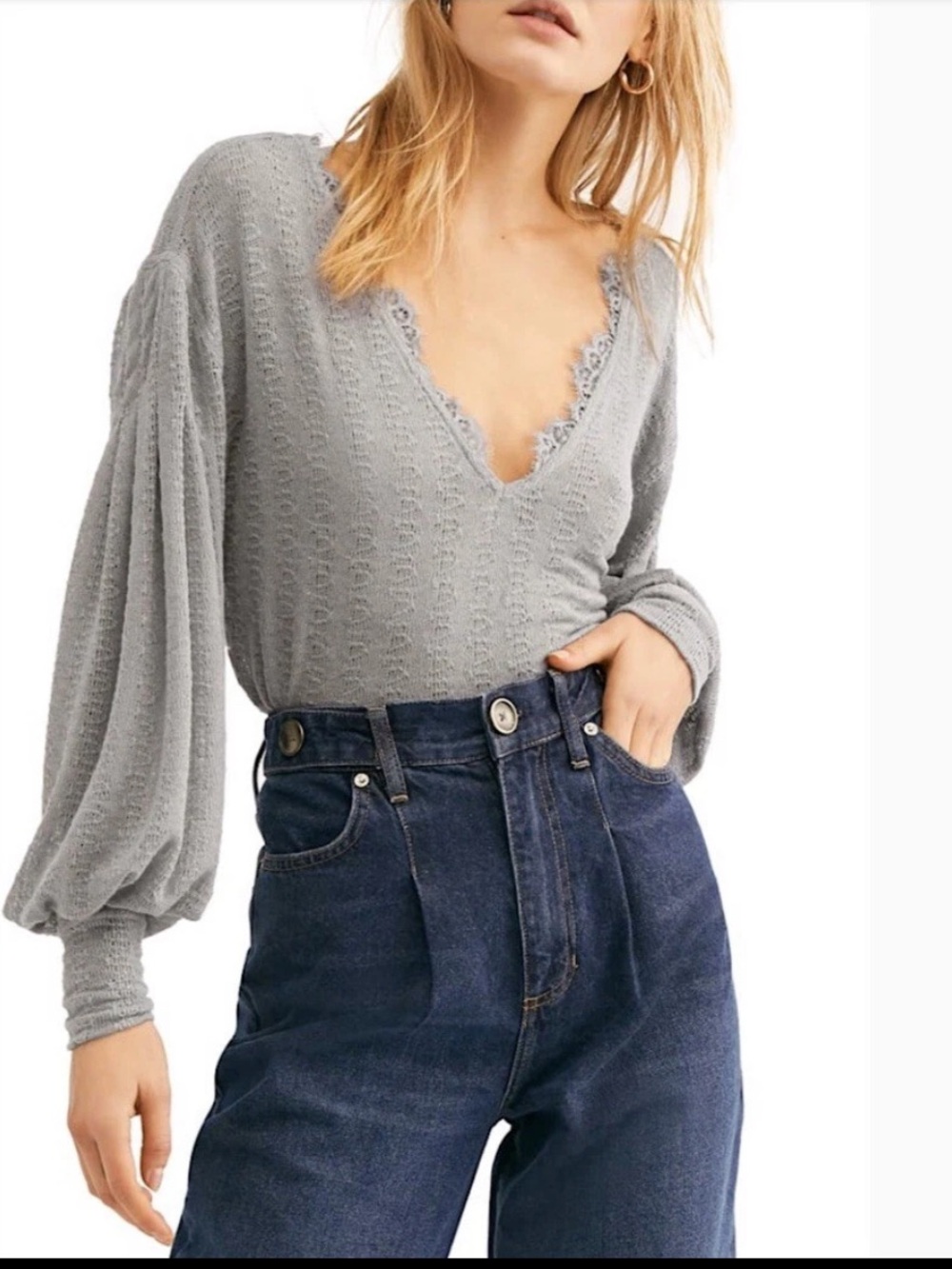 Free People Gray Lace-Trim V-Neck Puff Sleeve Top